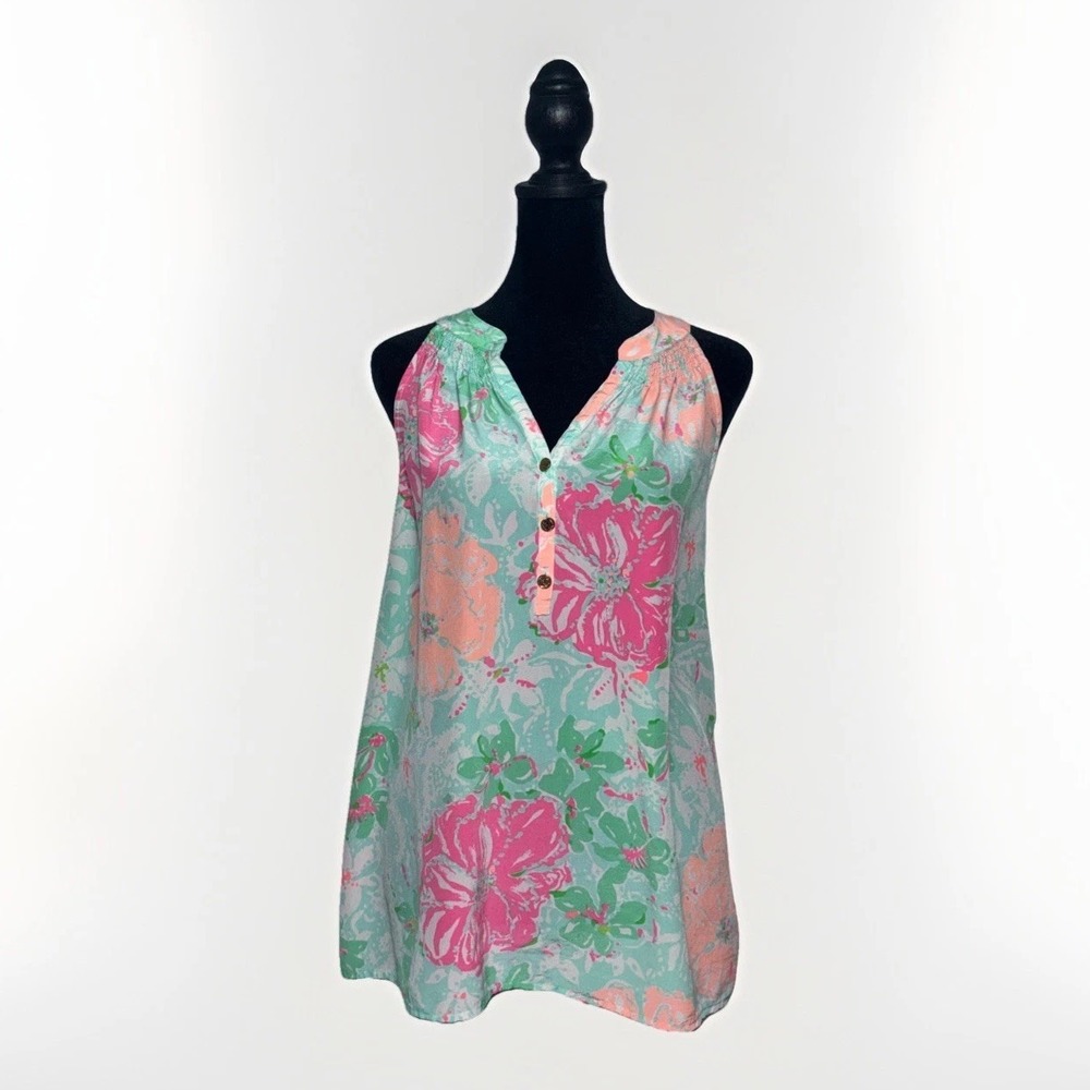 Lilly Pulitzer Bailey V-Neck 100% Silk Floral Sleeveless Women's Top Size M